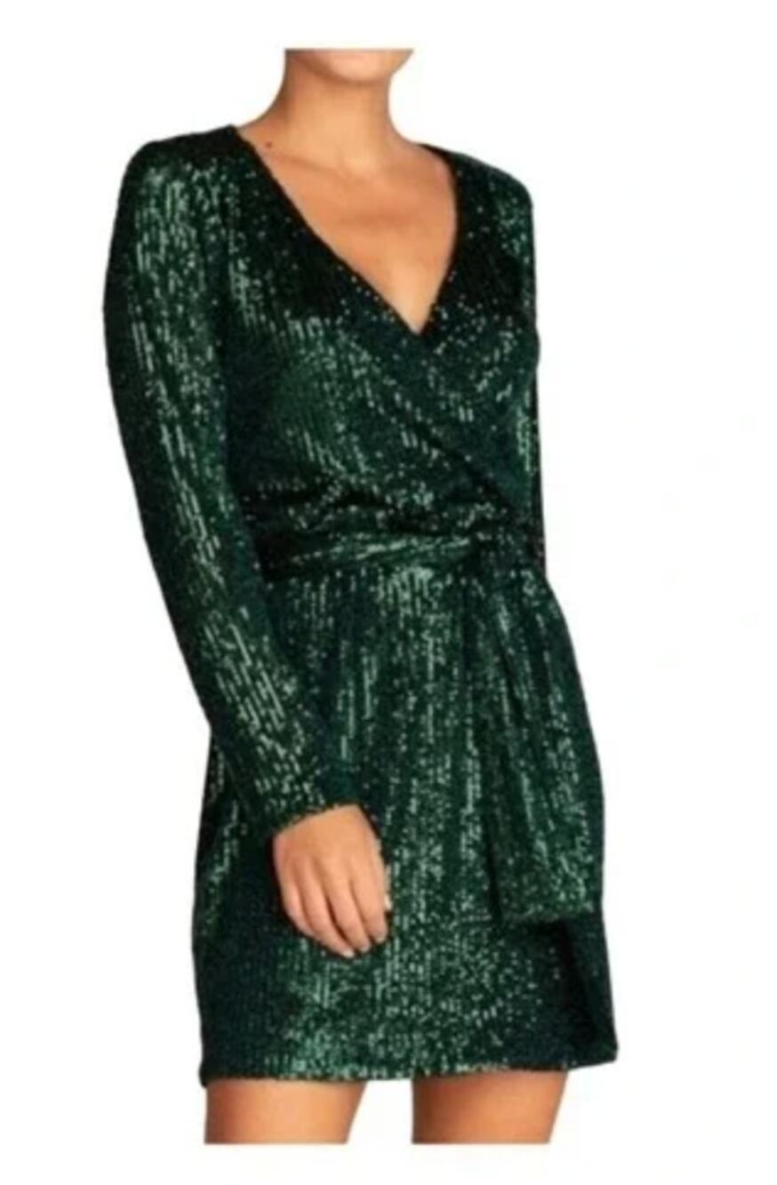 Trina Turk Brighten Emerald Green Sequins Belted V-Neck Party Dress Size 6